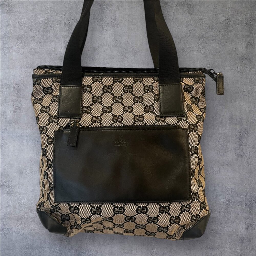Gucci GG Canvas and Black Leather Tote Bag